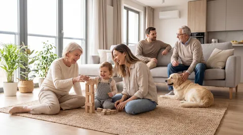 Ältere und junge Frau sitzen auf dem Teppich und spielen mit einen Kleinkind; im Hintergrund sitzen ein junger und ein älterer Mann auf der Couch und unterhalten sich; vor ihnen liegt ein Hund.