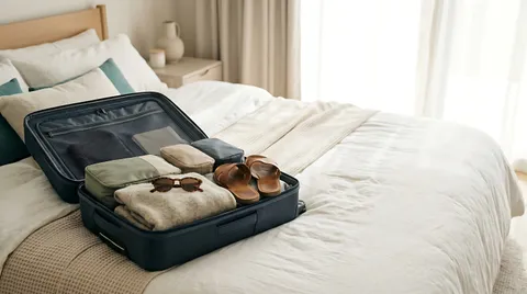offener Koffer, gefüllt mit ordentlich sortierter Kleidung, Packwürfeln und Reisezubehör, auf einem Bett