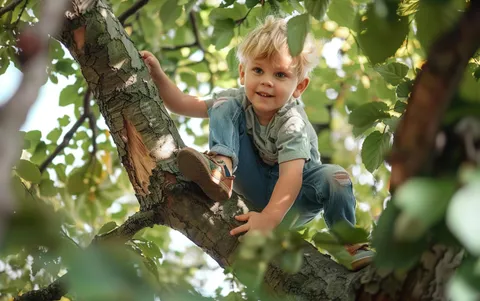 Kleiner Junge klettert im Baum
