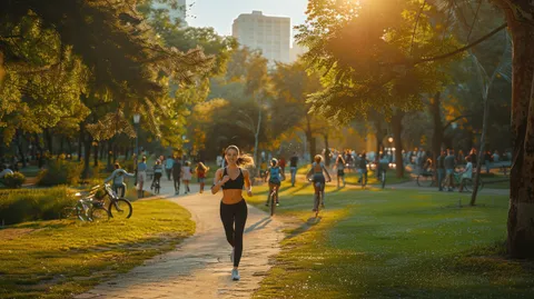 junge Frau joggt im Park, viele Personen genießen Tag im Park