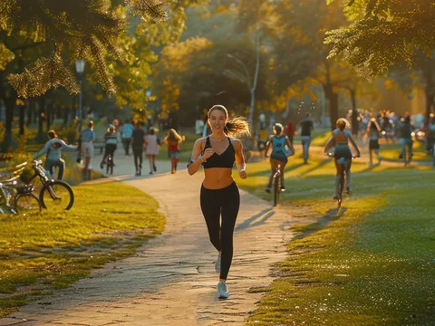 junge Frau joggt im Park, viele Personen genießen Tag im Park