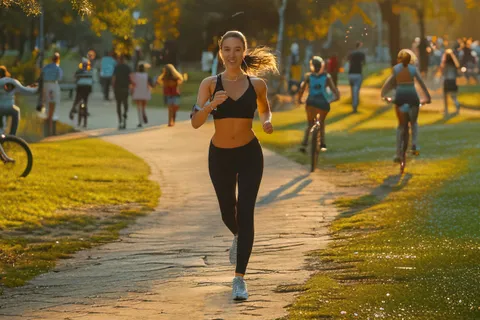 junge Frau joggt im Park, viele Personen genießen Tag im Park