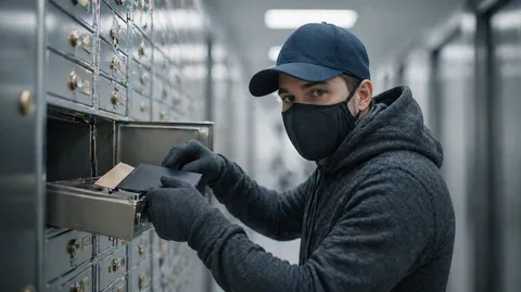 Ein maskierter Mann räumt Dokumente aus einem Bankschließfach.