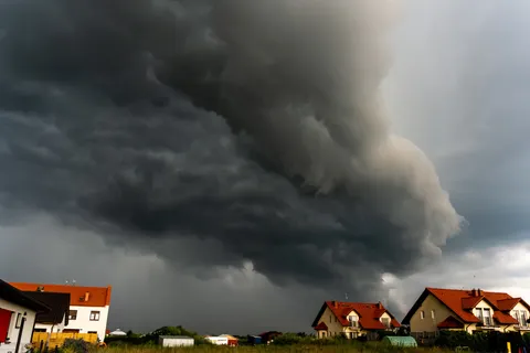 Eine Unwetterfront mit schwarzen Wolken über einer Siedlung