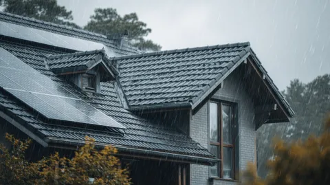 Ein Hausdach im Regen.