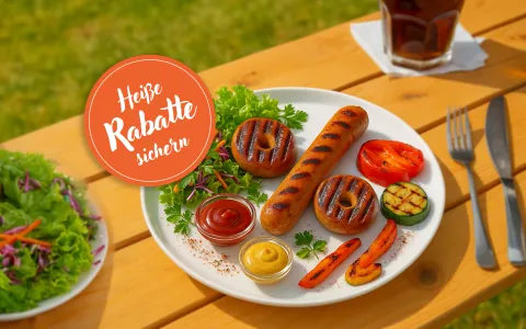 Ein Teller mit einem Prozentzeichen aus Grillgut, Salat und Saucen.