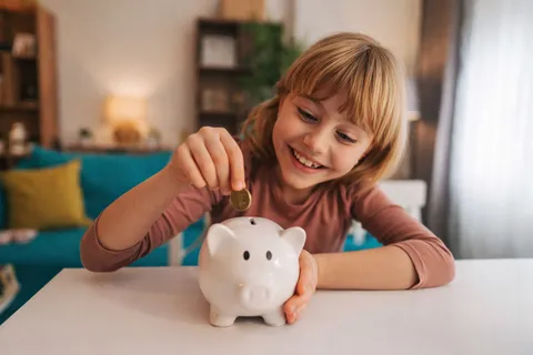 Mädchen füttert Sparschwein mit Geld